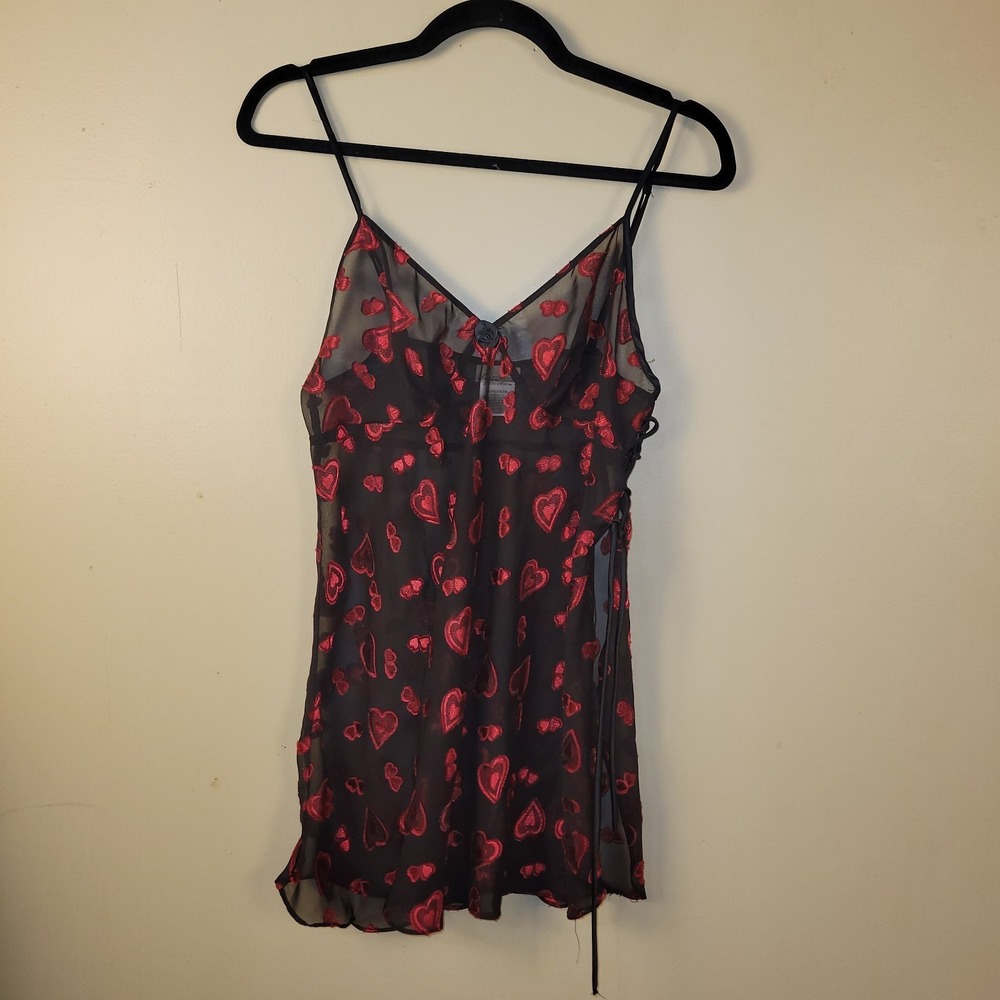 Secret Treasures Night Gown Teddy  Sleepwear Sheer Lacey Red Hearts Black Size M